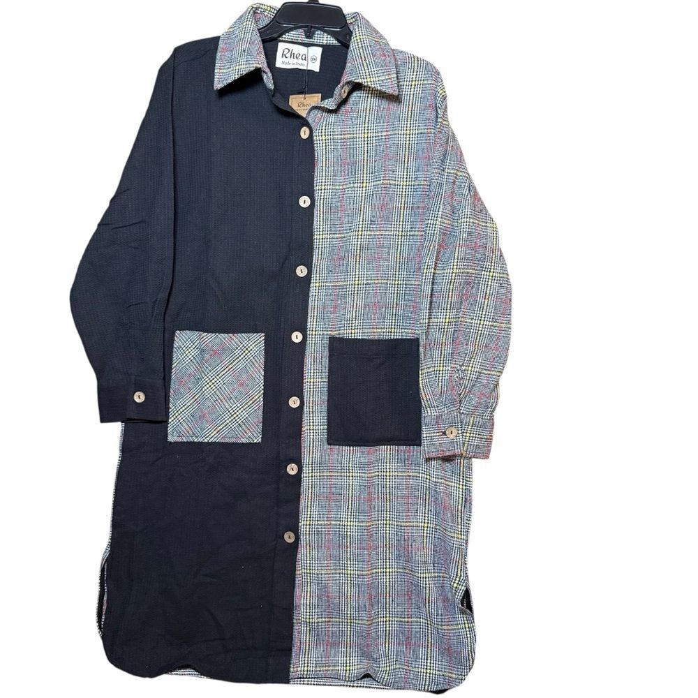 Rhea Fashion Mimosa Shirt Dress, Colorblock Plaid Black/White/Red/Yellow- S/M.